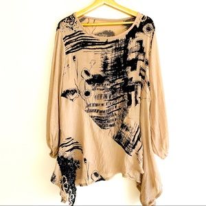 Vintage Abstract Flowy Boho Tunic Blouse Top Black